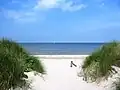 Blick durch die Dünen auf den Strand und Greifswalder Bodden