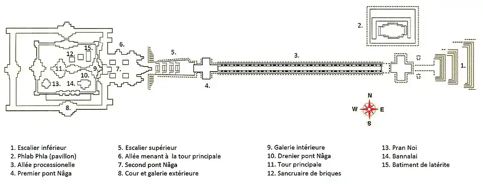 Übersichtsplan der Anlage: 1–untere Treppen; 2–Pavillon; 3–Prozessionsallee; 4–erste Naga-Brücke; 5–obere Treppe; 6–Allee zum zentralen Prang; 7–zweite Naga-Brücke; 8–äußere Galerie und Hof; 9–innere Galerie; 10–dritte Naga-Brücke; 11–zentraler Prang; 12–Ziegelstein-Heiligtum; 13–kleiner Prang; 14–Bannalai; 15–Lateritgebäude