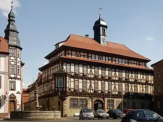 Fachwerkrathaus in Vacha, 1613/14  vom hessischen Statthalter Caspar von Wildemarkter im Stil der Renaissance erbaut.
